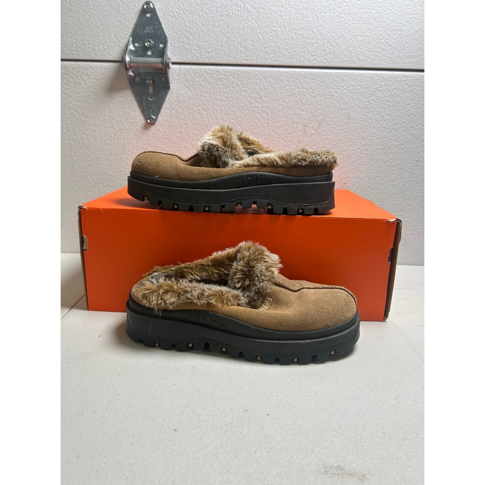 Skechers Platform Mules Tan Faux Fur Trim 5.5w #3118